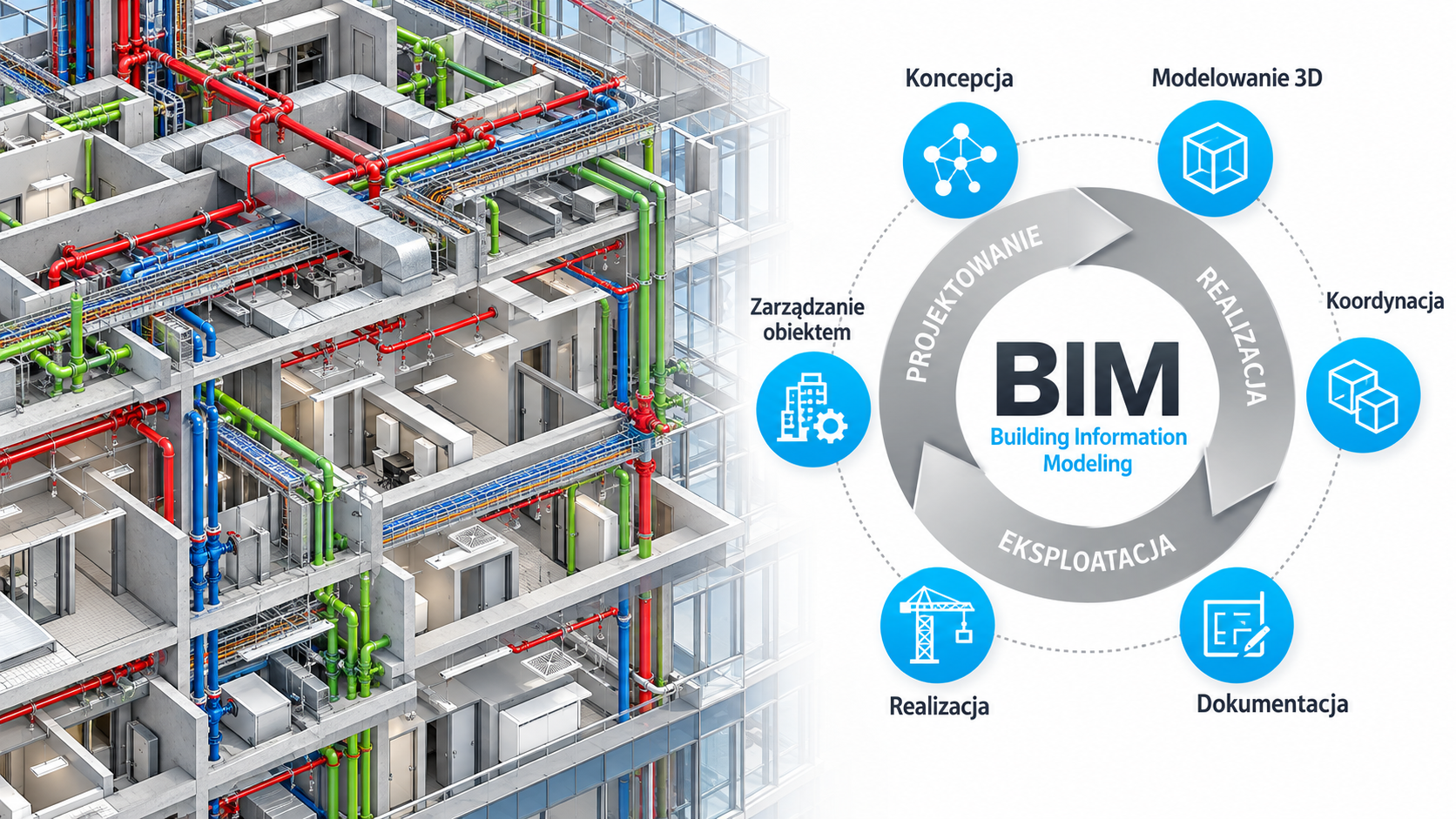 Model BIM instalacji wewnętrznych budynku oraz cykl BIM: koncepcja, modelowanie 3D, koordynacja, dokumentacja, realizacja i zarządzanie obiektem